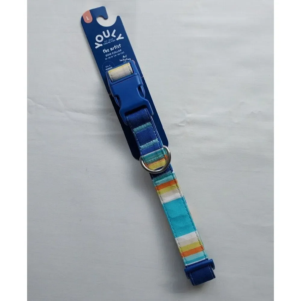Youly The Artist‎ Dog Collar Blue Orange Stripe Large Beachy NWT
